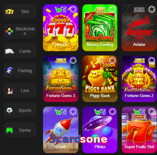 Main screen of 3Cardsone game page for PK players
